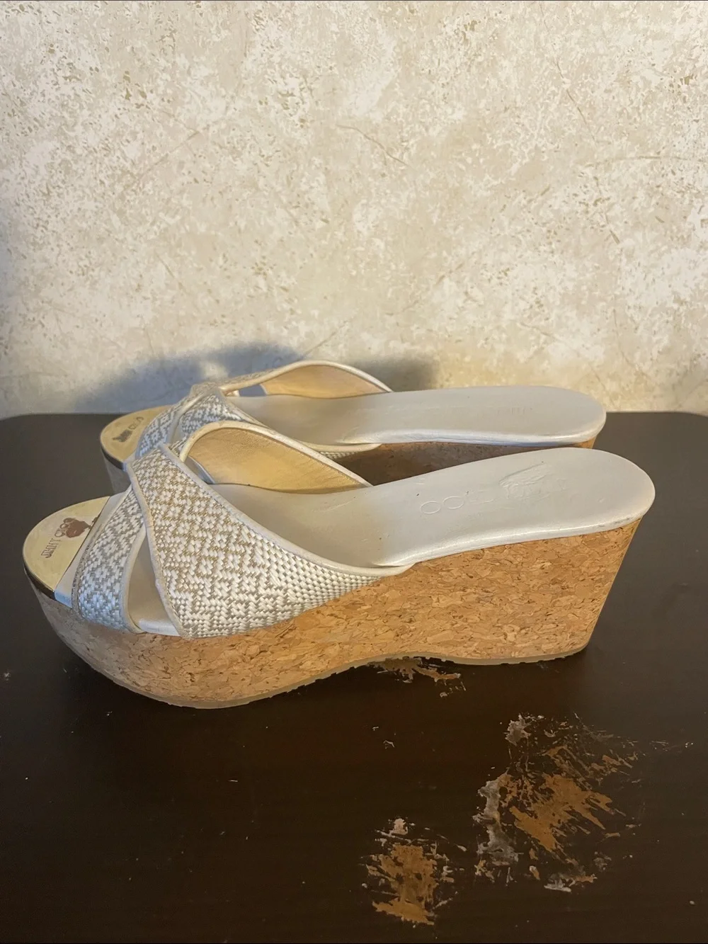 Jimmy Choo Cream Woven Cork Platform Wedge Sandals